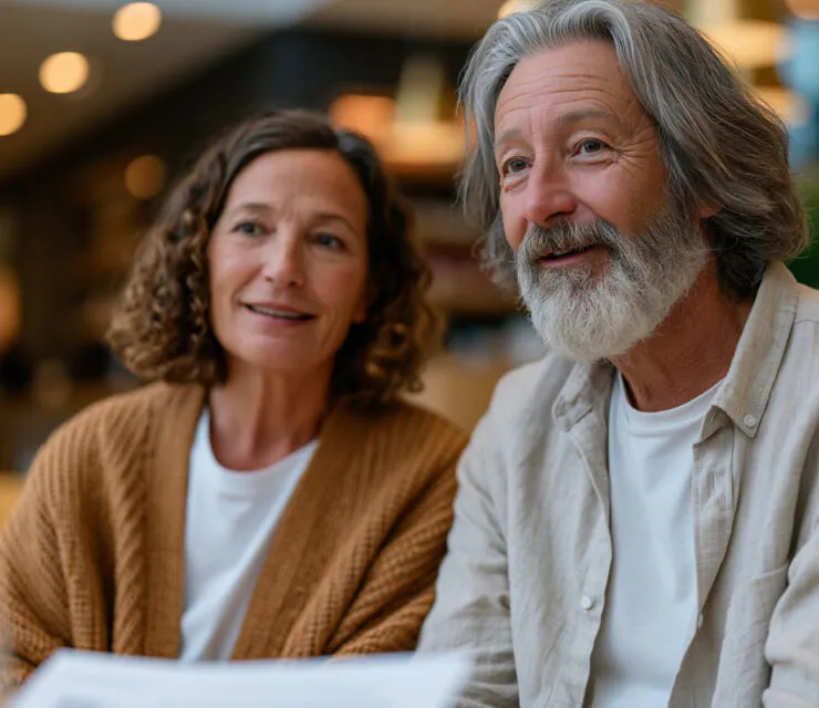 Couple dynamic shows two middle-aged partners seated with a care navigator in a hospital transitions clinic